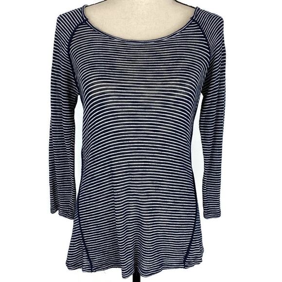 TOBI Slub Panel Blouse Navy Blue White Striped 3/4 Sleeve Scoopneck Womens - Picture 8 of 8